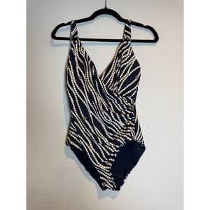 Michael Kors Womens Navy Blue Gold Stud Stripe Halter One Piece Swimsuit Size 8